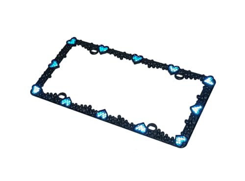 Creathome 3D Daisy Heart License Plate Frame from Pure Zinc Alloy Metal Perfect Plate Holder, Matt Black Daisy with Blue Reflective Heart - color: Matt Black with Blue Reflective Heart