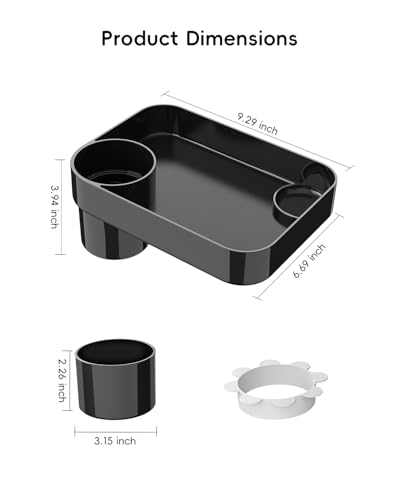 Toddler Car Seat Snack Tray - 3 Inch Cup Holder with Dip Well Fits Most Sippy Cups & Straw Bottles, Mess-Free Square Kids Travel Tray Road Trip Essentials, Black