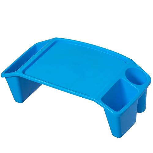 Basicwise Activity Desk Table with Built-in Cup Holder & Storage Compartments Multipurpose Lap Tray for Home Learning Art Activities Snack Time Reading & Floor-Based Task Raised-Leg Design, Blue