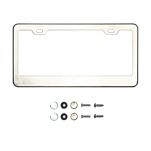 Chrome Polish Mirror License Plate Frame T304 Stainless Steel + Metal Screw Caps