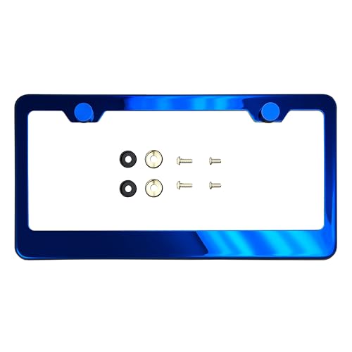 T304 Stainless Steel License Plate Frame – 8K Mirror Polish Finish, Rust-Resistant, Slim Design, Universal Fit, Includes Screw Caps, Washers & Stainless Steel Screws (Blue Chrome) - color: Blue Chrome