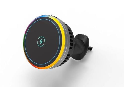 Wireless Car Charger with Semiconductor Cooling, Magnetic Phone Mount for iPhone 17/16/15/14/13 Series, 15W Fast Charging Car Holder with RGB Ambient Light, Auto-Aligning Vent Clip Mount