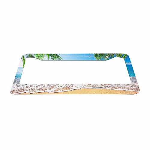 Decorative License Plate Frame Palm Trees with Tropical Ocean Beach Scene Car Tag Frame Aluminum Auto License Plate Holder for Men Women - color: Multi-0008