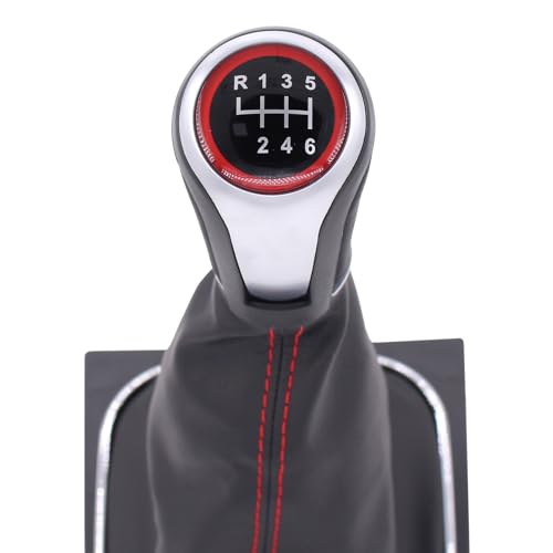 MOTOKU Black Leather with Red Stitching Gear Shifter Knob Boot Cover with 6 Speed Manual Shift Knob and Bracket Base Assembly for Volkswagen Jetta 2006-2014 GTI 2006-2013 Golf 2004-2013