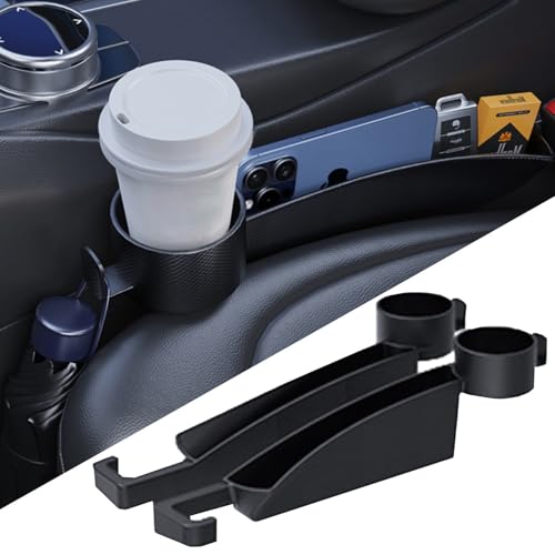 Car Seat Gap Plug with Storage Slot, Auto Gap Filler Organizer with Cup Holder, Universal Carseat Side Gap Filler Strip 2 Pack Between Front Seats & Console, Anti-Drop Pad with Seatbelt Holes, Black - color: Black, Cup Holder & Hook
