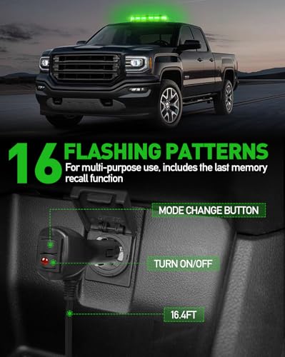 HLauto 406D Rooftop Emergency Strobe Lights Bar, 102 LED Green Mini Beacon Safety Flashing Warning Traffic Lights Bar w/Magnetic Base for 12-24V Trucks, Construction Vehicles, Snowplow, Cars - color: Green