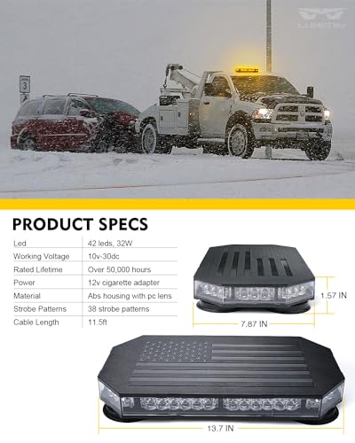 LUMENIX Amber 42 LED Rooftop Strobe Beacon Lights Magnetic Emergency Warning Traffic Flashing Light Bar for Construction Vehicles Snowplow Trucks Mail Postal (American Flag Pattern | Patented Design) - color: Amber