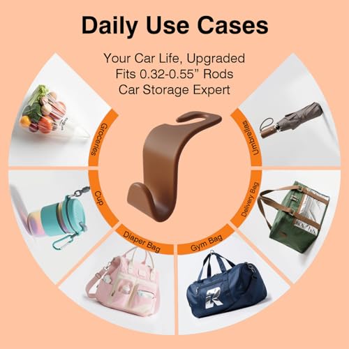 Car Seat Hooks & Purse Holder - 4 Pack Boxed,55 lb Heavy Duty,Eco PP Car Hooks for Purse/Bag/Baby Gear/Gym Bag/Groceries/Cup/,Fits 0.32-0.55”Car Headrest Rods (Brown) - color: Brown
