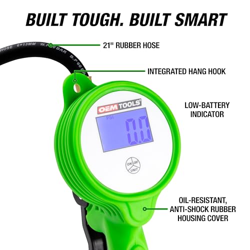 OEMTOOLS 24412 Digital Tire Inflator with Tire Pressure Gauge, Digital LCD Display, 0 to 175 PSI Air Pressure Gauge for Tires with 21” Hose and Clip-On Air Chuck