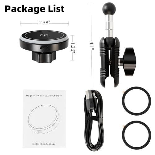 15W Magnetic Wireless Charging Phone Mount with Aluminum Double Socket Arm & 17mm/0.67" Ball -Replacement Base for Car Air Vent, Dashboard, Windshield Holder, Compatible with MagSafe iPhone - style: Wireless Charging with Metal Arm