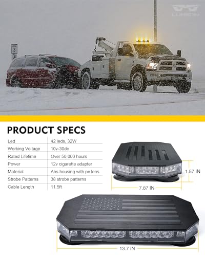 LUMENIX Rooftop Strobe Beacon Lights Bar w/Controller, American Flag Pattern White Amber LED Emergency Warning Traffic Flashing Light for Construction Vehicles Work Trucks Snowplow (Patented Design) - color: White Amber