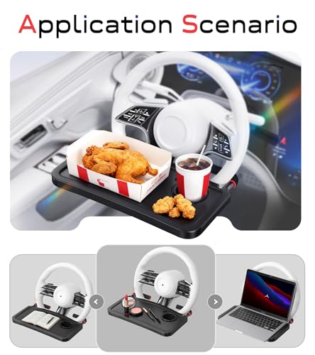 Car Steering Wheel Tray for Drivers Steering Wheel Tray for Dining, Mobile Office & Travel Food with Cup Holder, Scratch-Free EVA Hook Covers, 2-in-1 Desk Table for Car - Black