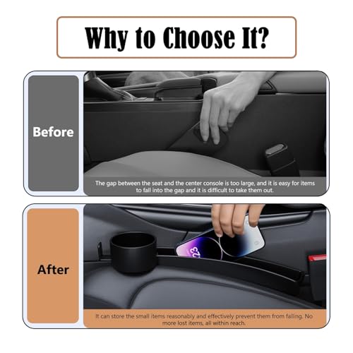 Dual Slot Car Seat Gap Organizer with Cup Holder, Universal Auto Gap Filler Strip 2 Pack with Seat Belt Holes, Carseat Side Gap Guard Spacer Accessories to Fill The Space Between Front Seat & Console - color: Black, 2PCS with Cup Holder & Hook