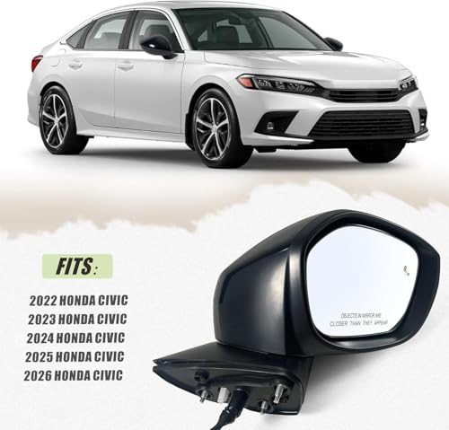 Right Passenger Side Mirror Fits 2022-2026 HONDA CIVIC Sedan/Hatchback With Power Glass, Heated, Blind Spot Detection and Manual Folding Match to Crystal Black Pearl Replace HO1321351 (7 Pins) - size: R-7Pins