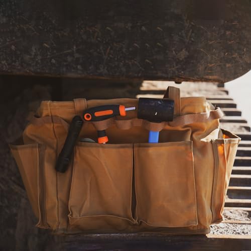 Water Resistant Gardening Tool Bag with Handles - 6 Pockets Utility Self-Standing Organizer for Camping/Garden/Car Storage, 14" x 13" x 10" | Khaki - color: Khaki