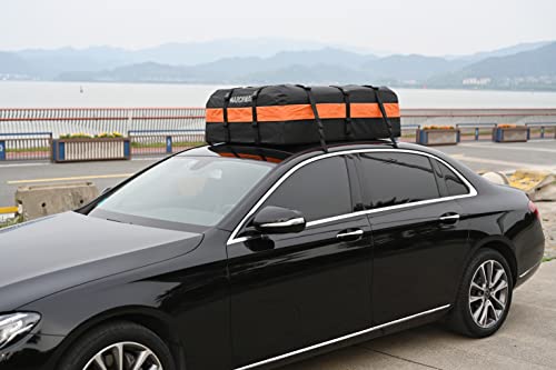 MARCHWAY Waterproof Car Roof Luggage Bag, Weatherproof Soft Shell Rooftop Cargo Carrier Bag for Vehicles with or Without Rack. 6 Door Hooks, Anti Slip Mat, Lock Included (15 Cubic Feet, Orange) - size: 15 Cubic Feet, Orange