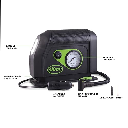 Slime 40050 Tire Inflator, Portable Car Air Compressor, with Analog 100 psi Dial Gauge, Long Hose and LED Light, 12V, 8 min Inflation - style: Analog