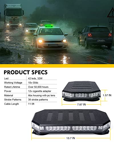 LUMENIX 42 LED Roof Top Strobe Beacon Light Bar Hazard Warning Emergency Flashing Plow Lights with Controller for Law Enforcement POV Vehicles Tow Trucks Snowplow Postal Cars Green (Patent Design) - color: Green