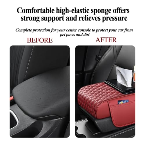 HZEL 5-in-1 Car Center Console Cover, Multifunctional Vehicle Armrest Box Mat with 2 Storage Bags Tissue Box Cup Holder Phone Slot, Automotive Arm Rest Cover, Universal Fit (Red) - color: Red