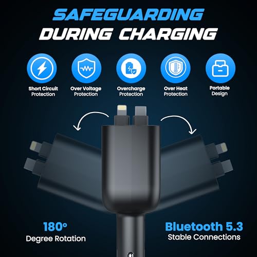 Bluetooth 5.3 Car FM Transmitter with 120W Max Power, Retractable Cables (80cm), Digital Display, Hands-Free Calling, Noise Canceling, and Dual Device Charging