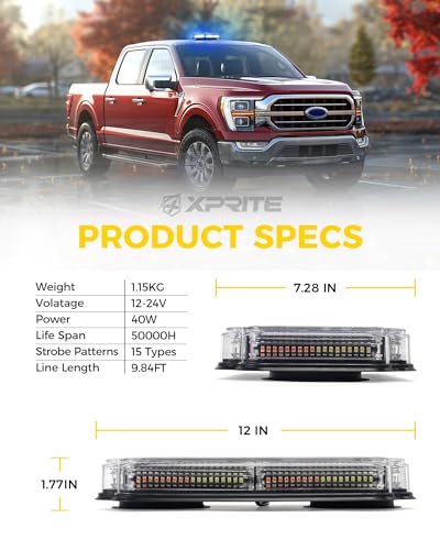 Xprite 108 LED Roof Top Strobe Light, US Flag Pattern Police Flashing Light, Emergency Hazard Warning LED Mini Strobe Lightbar w/Magnetic Base for Police Firefighter EMS Vehicles Trucks, Blue White - color: Blue White