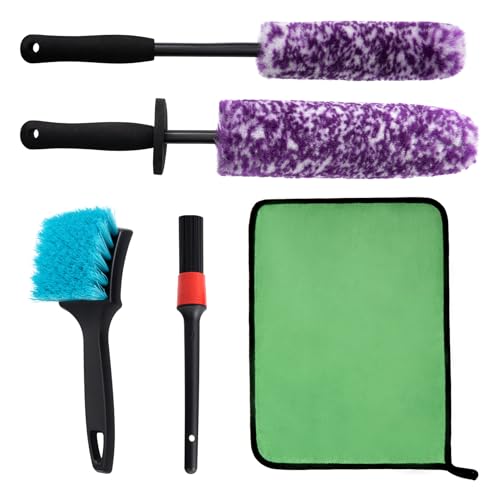 5 Pack Car Wheel and Tire Cleaner Brushes Kit Auto Motorcycle Rim Ultra Soft Microfiber No Spatter Bendable Woolies Bristle Cleaning Set (Purple & White) - color: Purple & White