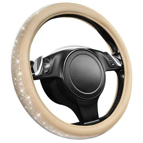 CAR PASS Bling Diamond Beige Leather Steering Wheel Cover, White Sparkly Crystal Glitter Rhinestones Universal Fit 14" 1/2-15" Car Wheel Protector for Women Girl Fit Suvs,Vans,Sedans,Trucks, Beige - color: Beige Leather