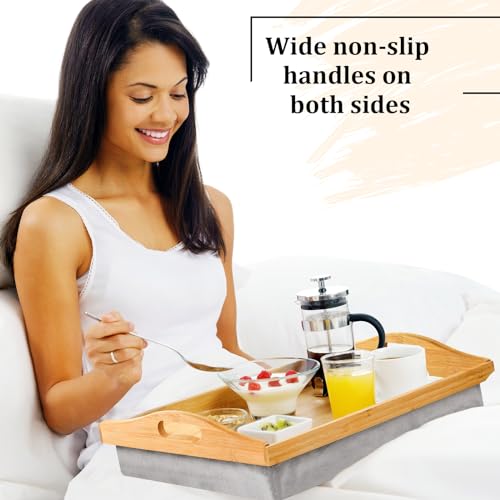 Tioncy 1 Piece Bamboo Lap Tray with Detachable Pillow 16.9'' x 13'' Lap TV Trays Desk with Handles for Adults Eating in Recliner Breakfast Housewarming Gift (Wood) - color: Wood