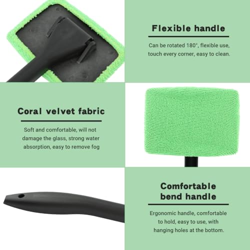 Car Windshield Cleaning Tool, Windshield Cleaner with 5 Reusable Microfiber Pads and Extendable Handle, Auto Glass Wiper Kit for Interior/Exterior Dirty Car Windows(Color:Green)