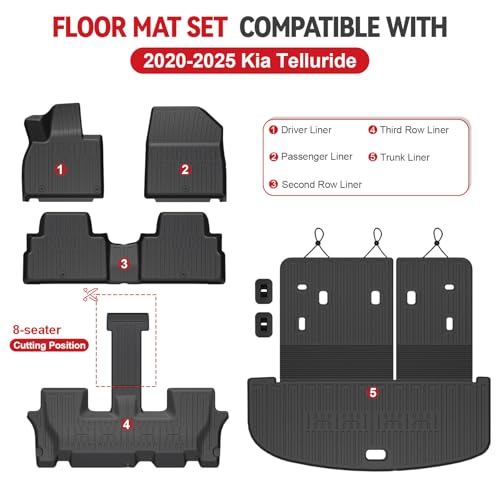 Floor Mats for Kia Telluride 2020-2025, All Weather Floor Mats Trunk Cargo Liner with Backrest Protectors Accessories, Full Coverage Set (Fit 7/8 Sests) - size: For Kia Telluride | 2020-2025