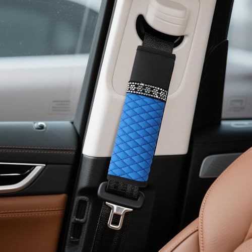 wuyaoyao 2PCS Bling Car Seat Belt Cover Pad, Breathable Leather Seatbelt Covers for Cars, Soft Comfortable Seatbelt Shoulder Strap Covers, Rhinestone Auto Seat Belt Protector Cushion (Blue) - color: Blue