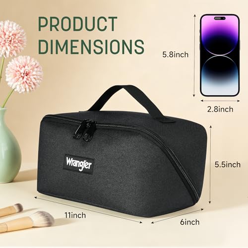 Wrangler Travel Toiletry Bag for Men & Women, Large Capacity Makeup Organizer with 4 Pockets, Water-Resistant Nylon, 180° Lay-Flat Cosmetic Bag with Handle & Double Zipper for Travel, Bathroom & Gym - color: Black