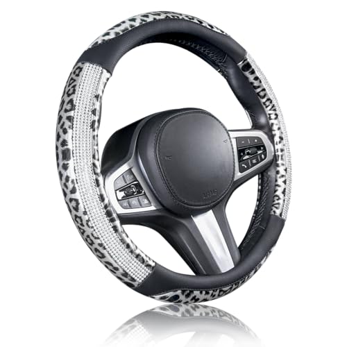 AUTOYOUTH Leopard Steering Wheel Cover - Bling Crystal Rhinestones Cheetah Print on Leather Non-Slip Breathable Design for Women/Girls Universal Fit 14.5-15 Inch(Black & Silver) - color: BLACK SILVER