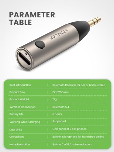 HVMLAK Aux Bluetooth 5.4 Adapter, Wireless Audio Receiver for Car Home Stereo Speaker, Music Streaming, Handsfree Calls, 6 Hours Playback, 1 Piece - color: Silver