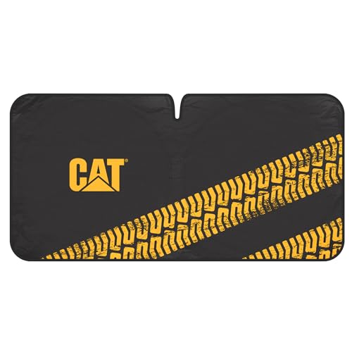 Cat Auto Shade for Car/Truck Windshield Pop-Up Sunshade UV Reflective Sun Shade Black with Yellow Tire Tracks – Jumbo Size 64” x 32” - color: Black XL