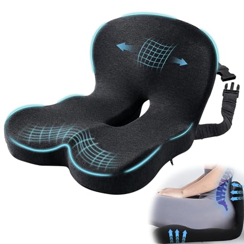 Ergonomic Seat Cushion with Adjustable Strap, Memory Foam Office Chair Seat Cushion with L-Shaped Design, Car Seat Cushion Fits for Truck Driver Semi Truck, Gaming Chair, Desk, Dark Gray - color: Dark Gray