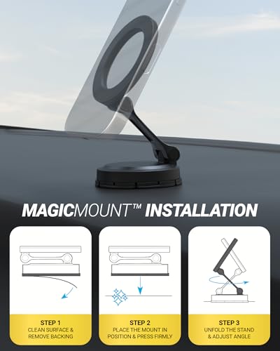Scosche MagSafe Car Mount, Magnetic Phone Holder for Car Dashboard with Foldable Arm and 360° Swivel Adhesive Base, Secure Car Phone Mount for iPhone 17/16/15/14/13, Compatible with PopSockets
