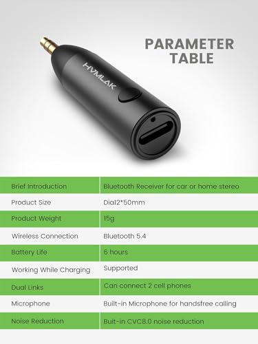 HVMLAK Bluetooth 5.4 Car Aux Adapter with Enhanced Microphone, 3.5mm Jack for Car Home Stereo, USB-C Charging, Sturdy Case, 1 Piece - color: Black