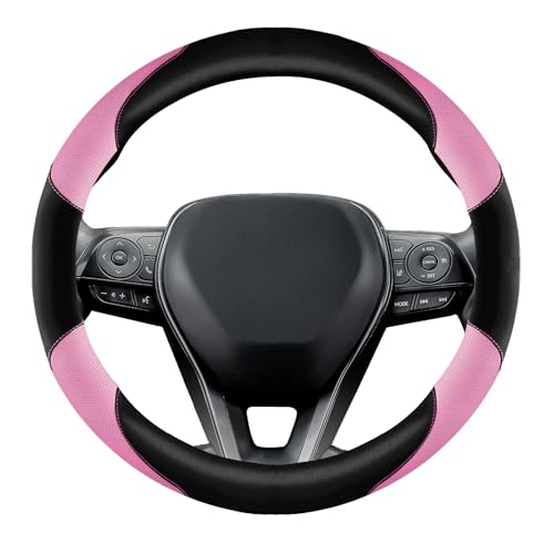 Soft Leather Steering Wheel Cover with Breathable Design and Anti-Slip Grip, Fully Compatible with Tesla, Toyota, Honda, Nissan 14.5-15.2 inch Round Steering Wheel(Sedans and SUVs) - color: DOUBLE-PINK