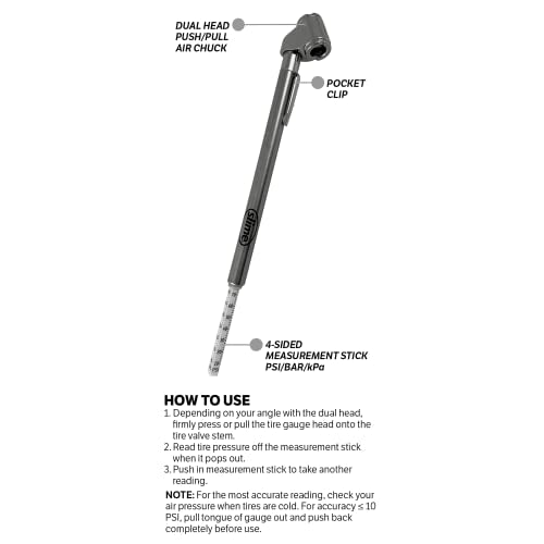 Slime 2016-A Tire Gauge, Dual Head, Pencil, 10-120 psi, includues Valve Extensions - size: Standard, style: Pencil