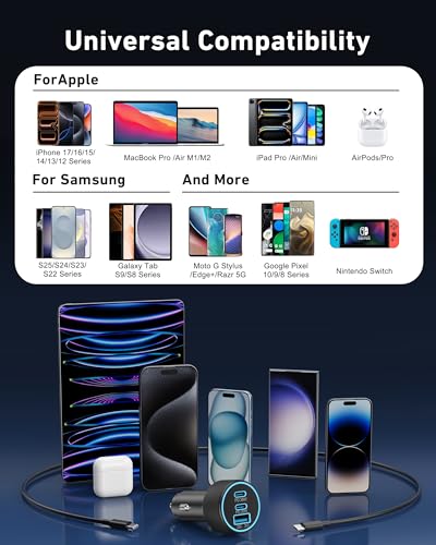 USB C Car Charger, 3-Port 67W Dual USB-C & USB-A Car Power Adapter PD/QC Fast Charging Cigarette Lighter for iPhone 17/16/15/14/13/12/11 Pro Max, iPad, Samsung Galaxy S25 S24/S23/S22, Pixel, Android - style: 1-Pack