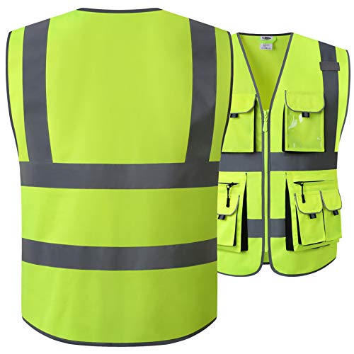 JKSafety 10 Pockets Class 2 High Visibility Zipper Front Safety Vest Yellow with High Reflective Strips Meets ANSI/ISEA Standards (88-Yellow, Medium) - color: Yellow, size: Medium