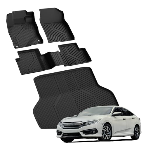 LASFIT Floor Mats & Trunk Mat for Honda Civic Sedan 2016-2021, All Weather TPE Custom Fit Floor Liners for 2016 2017 2018 2019 2020 2021, 1st & 2nd Row & Cargo Mat, Black (Not for Hatchback/Coupe) - style: 1)For Honda Civic | 2016-2021 | Full Set