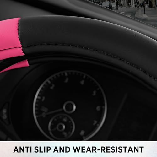 Road Comfort Leather Steering Wheel Cover – Premium Anti-Slip Car Steering Wheel Grip Cover – Universal Fit for 14.5”–15” Cars, Trucks & SUVs - Hotpink - color: Hotpink