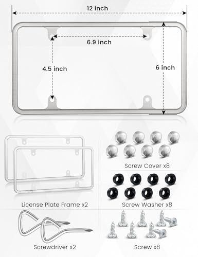 RED WOLF Chrome Polished Mirror License Plate Frame Stainless Steel Without Obstruction Car Slim Silver License Plate Holder Rustproof Unbreakable with Screws 6 x 12” Universal for Car Van (2-Pack) - style: 2-pack