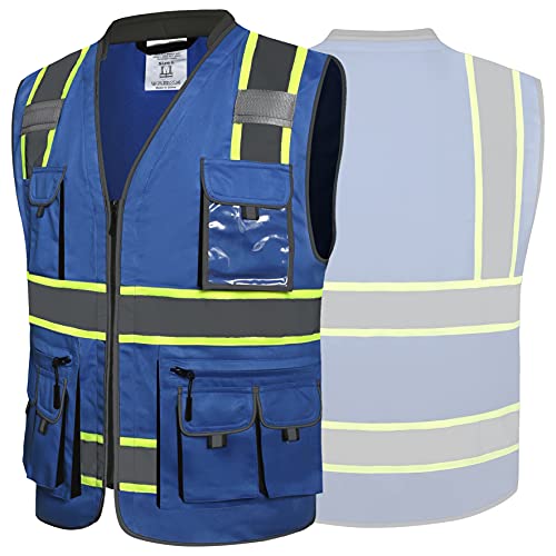 JKSafety 10 Pockets Hi-Vis Zipper Front Fluorescent Blue Safety Vest | Cushioned Collar | High Reflective Tapes with Extended Neon Yellow Strips | Meets ANSI/ISEA Standards (Large, 89-Blue) - color: Bluet1s1, size: Large