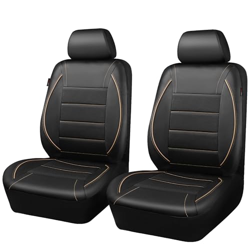 CAR PASS Universal FIT Piping Leather Two Front Seat Covers, Waterproof Faux Leather for SUV Sedan Van Truck, Airbag Compatible,Reserved Opening Holes for Headrest Covers. (Black and Beige) - color: Black Beige