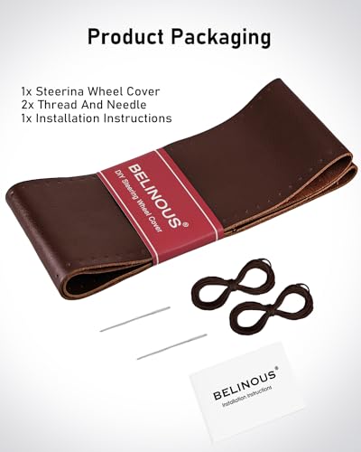 Belinous Leather Steering Wheel Cover Lace Up, Stitch on Steering Wheel Wrap, Universal Fit 13-20 Inch Car Truck Pickup Boat, A Whole Piece of Cowhide, DIY w/Needle Thread (Size L0, Coffee) - color: Coffee, size: L0