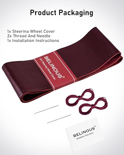 Belinous Leather Steering Wheel Cover Lace Up, Stitch on Steering Wheel Wrap, Universal Fit 13-20 Inch Car Truck Pickup Boat, A Whole Piece of Cowhide, DIY w/Needle Thread (Size L0, Wine Red) - color: Wine Red, size: L0