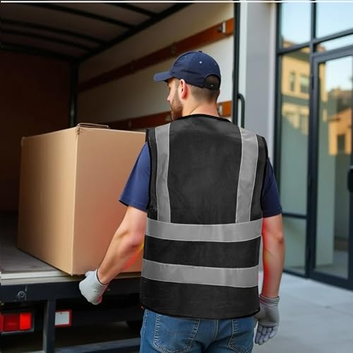High Vis Safety Vest Reflective Strips, Multi-Pocket Design, Available in Yellow,Orange,black,Pink,blue,Red,purple - color: Black, size: 6XL-8XL